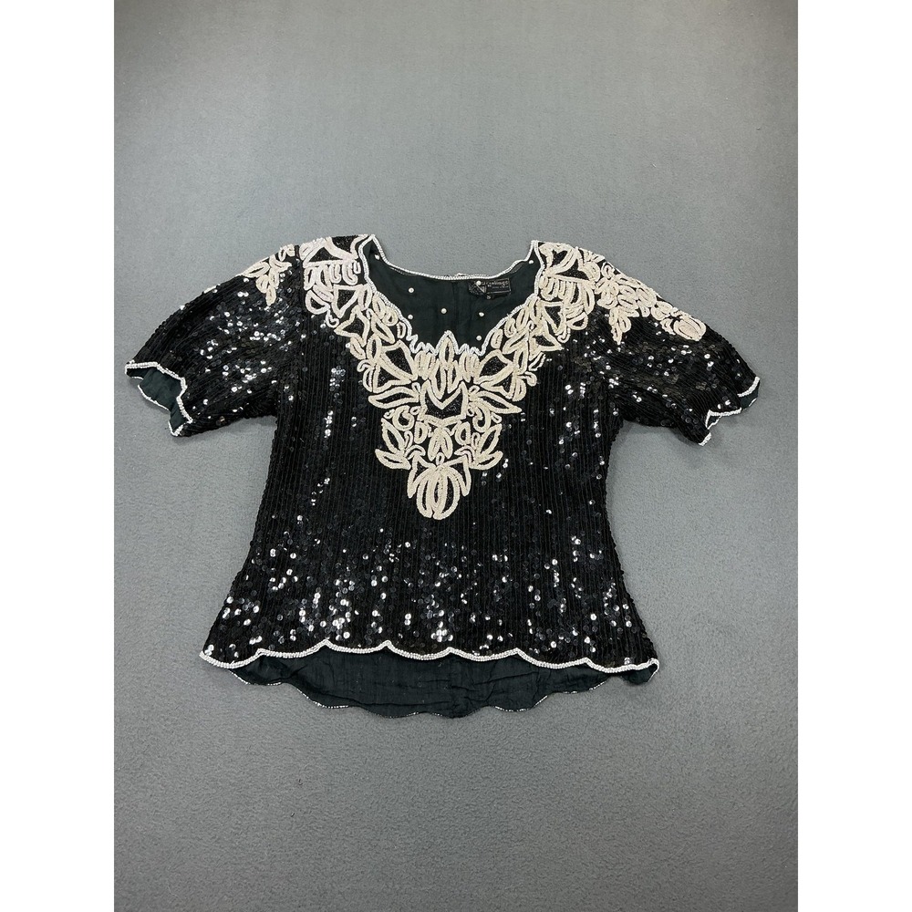 Royal Feelings Blouse Womens Small Black Silk Beaded Sequin Party Top Formal